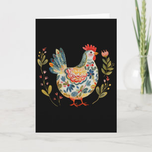 Carte Poule Boho Fleur Art Populaire Floral Fermier Poul