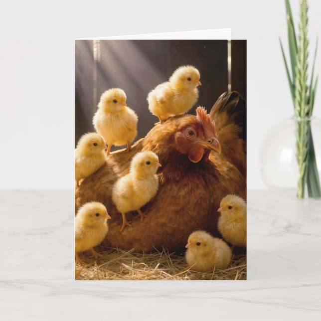 Carte Poule de naissance avec poussins dans une grange (Devant)
