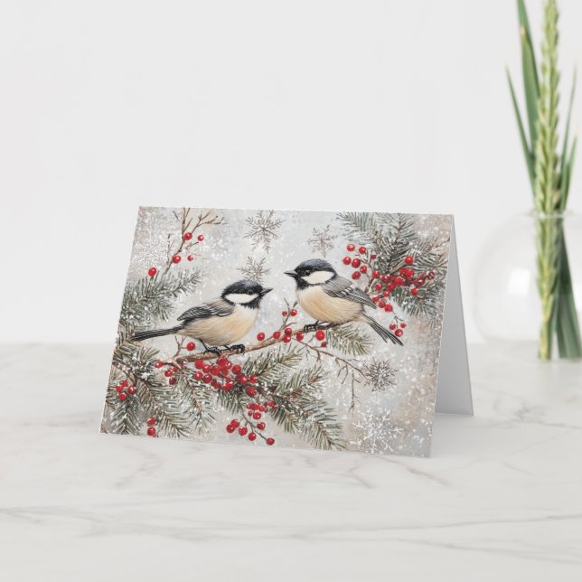 Carte Poulet sur À feuillage persistant avec baies rouge (Devant)