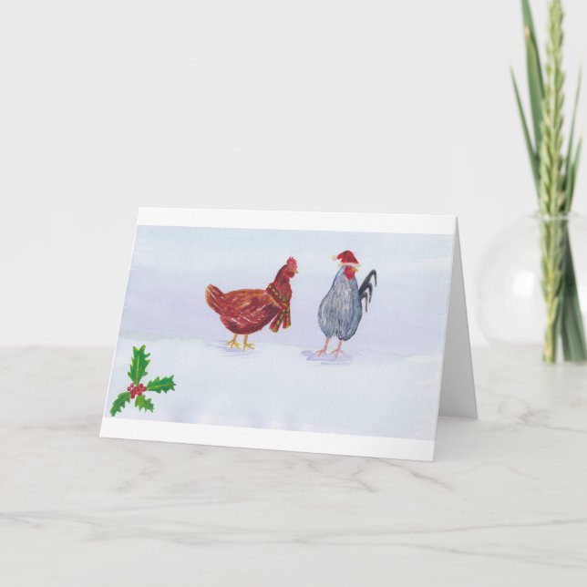 Carte poulets de noël avec casquette et foulard blanc (Devant)