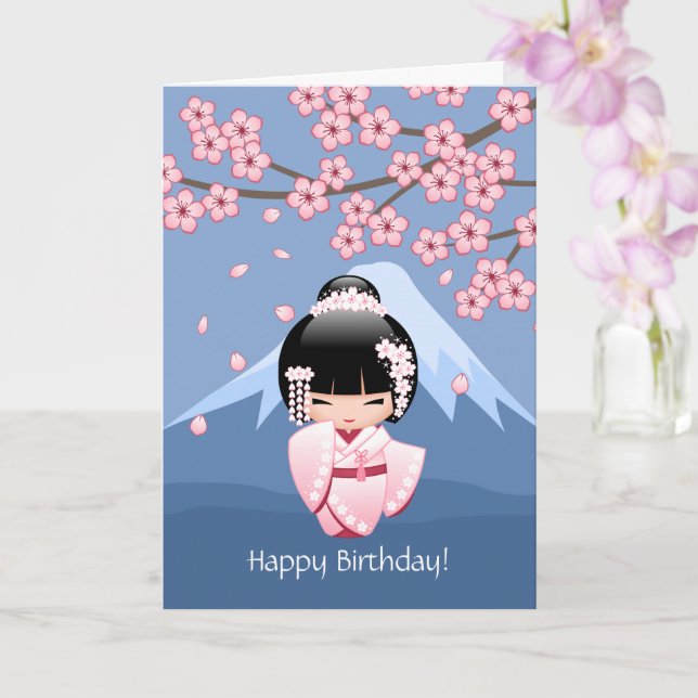 Carte Poupée blanche de Kokeshi de kimono - anniversaire (Orchidée)