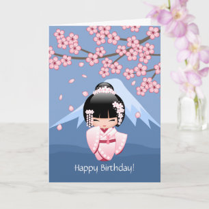 Carte Poupée blanche de Kokeshi de kimono - anniversaire