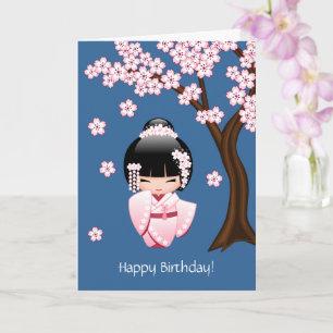 Carte Poupée blanche de Kokeshi de kimono - anniversaire