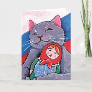 Carte Poupée Bleue Russe et Babushka   Art de chat patri