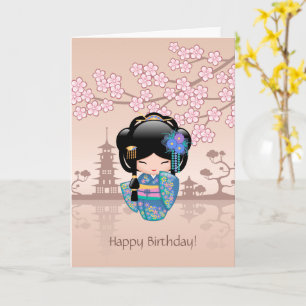 Carte Poupée de Keiko Kokeshi - anniversaire bleu de