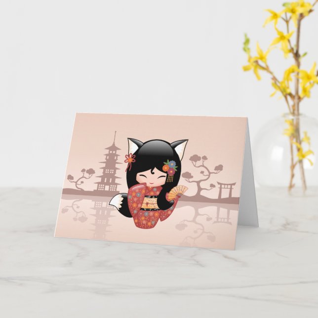 Carte Poupée de Kitsune Kokeshi - fille mignonne de Fox (Fleur jaune)