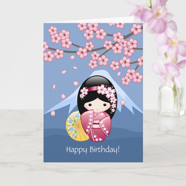 Carte Poupée de Kokeshi de ressort - anniversaire (Orchidée)