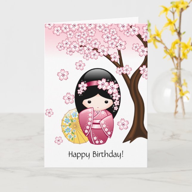 Carte Poupée de Kokeshi de ressort - anniversaire (Fleur jaune)