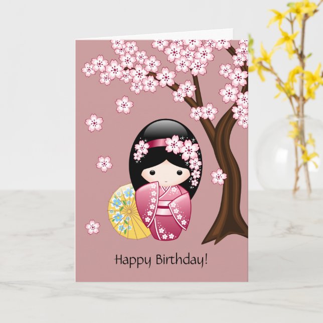 Carte Poupée de Kokeshi de ressort - anniversaire mignon (Fleur jaune)