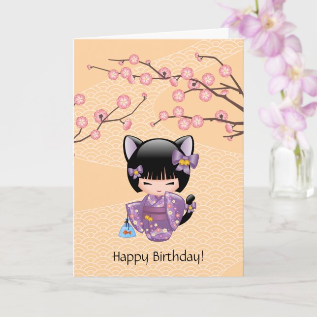 Carte Poupée de Neko Kokeshi - anniversaire de fille de (Orchidée)