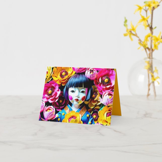 Carte Poupée japonaise avec pivoines Origami 3HGC (Fleur jaune)
