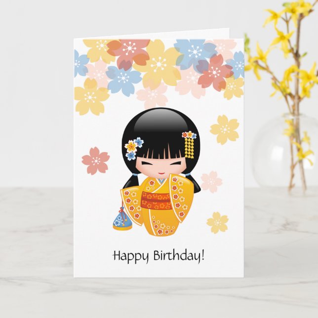Carte Poupée Kokeshi été - Jolie fille japonaise Anniver (Fleur jaune)