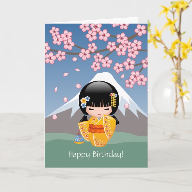 Carte Poupée Kokeshi été - Jolie fille japonaise Anniver (Fleur jaune)