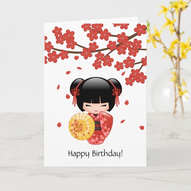Carte Poupée rouge Sakura Kokeshi, Anniversaire mignon d (Fleur jaune)