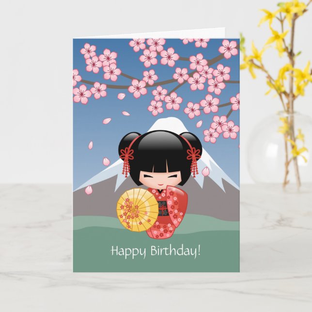 Carte Poupée rouge Sakura Kokeshi, Anniversaire mignon d (Fleur jaune)