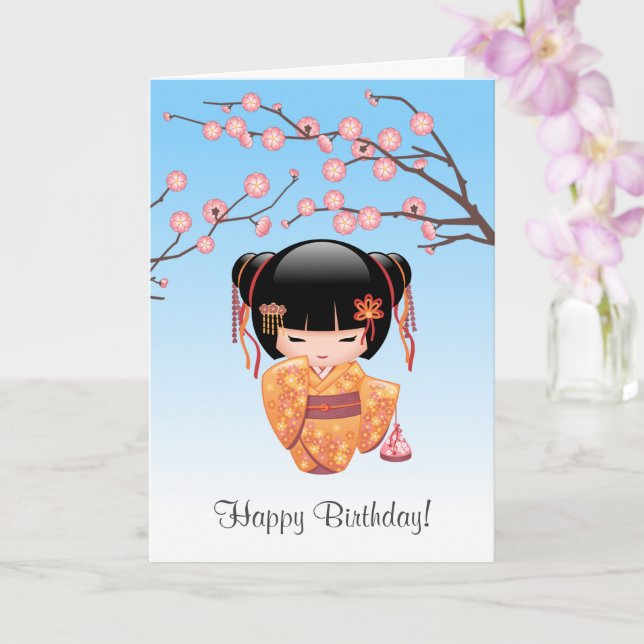 Carte Poupée Ume Kokeshi — Jour d'anniversaire japonais  (Orchidée)