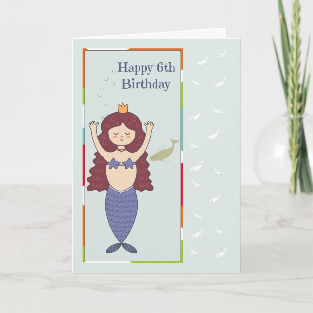 Carte pour 6ème anniversaire avec Sirène & Poisson (Devant)
