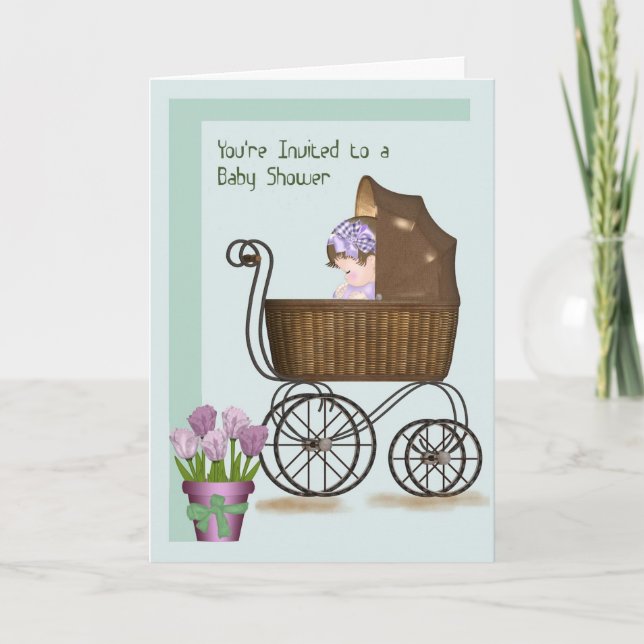 Carte pour Baby shower avec bébé dans Pram Retro (Devant)