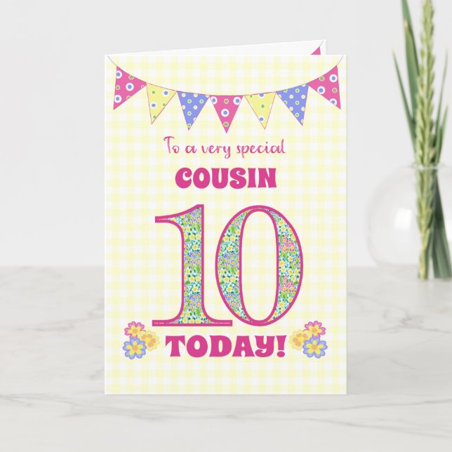 Carte Pour Cousin 10e Anniversaire Primroses Bunting Car (Devant)