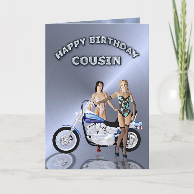 Carte Pour cousin, anniversaire avec les filles et moto (Devant)