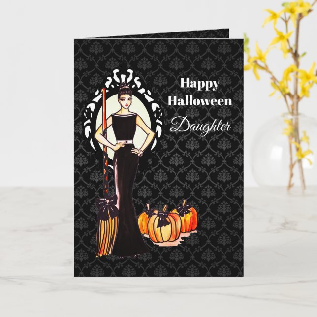 Carte Pour la fille sur la sorcière d'Halloween avec cha (Fleur jaune)