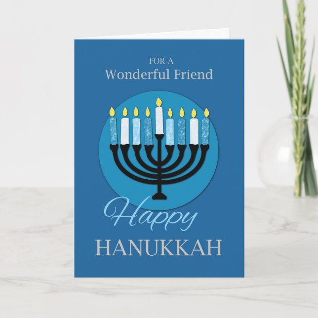 Carte Pour l'ami Hanoukka Menorah sur le bleu foncé (Devant)