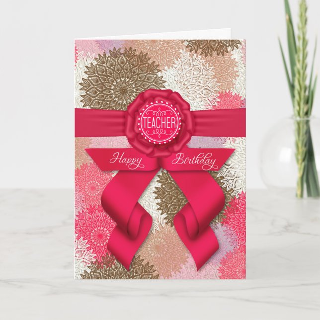 Carte pour l'enseignant Rose profond rose ruban Annivers (Devant)