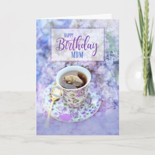 Carte pour Maman Cup of Tea and Purple Flowers Anniversa