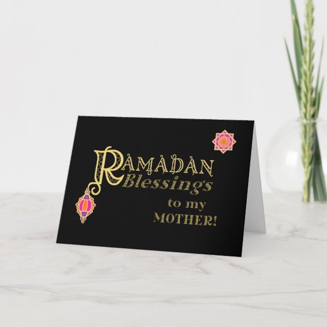 Carte Pour Mère Ramadan Bénédiction Or sur Noir (Devant)