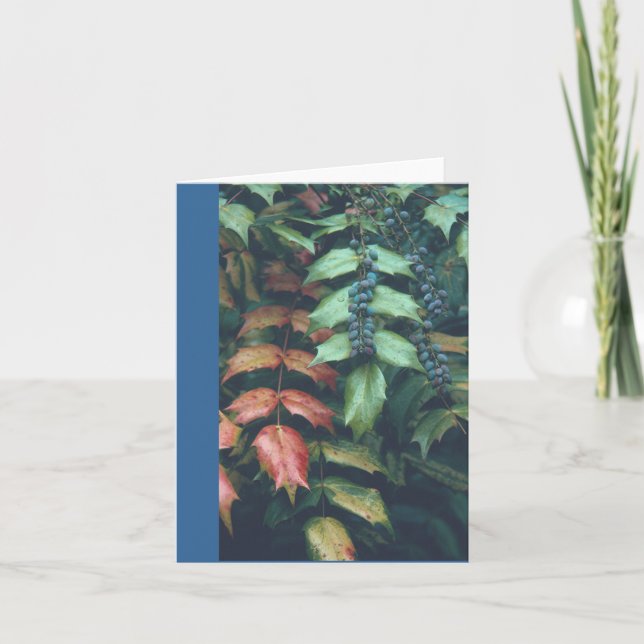 CARTE POUR NOTES, "BLUE BERRIES ON GREEN FEUILLES" (Devant)