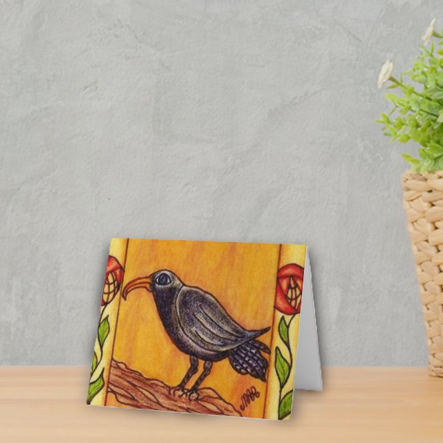 Carte pour notes de corneille d'art déco (Black crow on branch red abstract flowers on golden yellow notecards.)