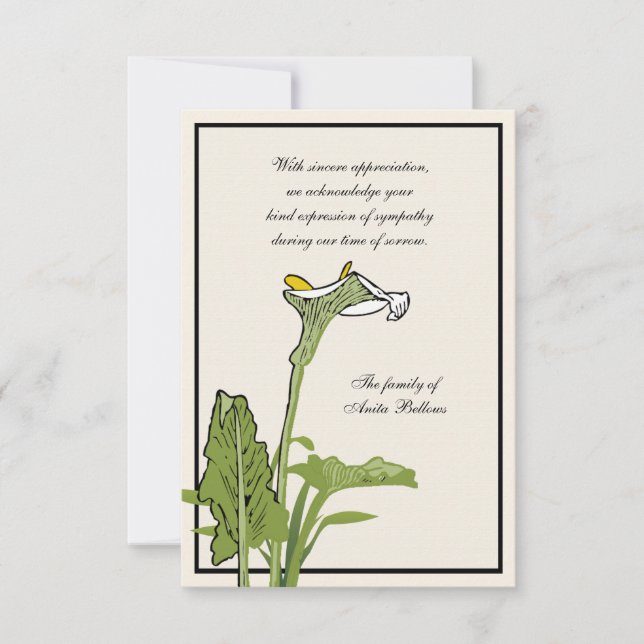 Carte pour notes de Merci de perte de zantedeschia (Devant)