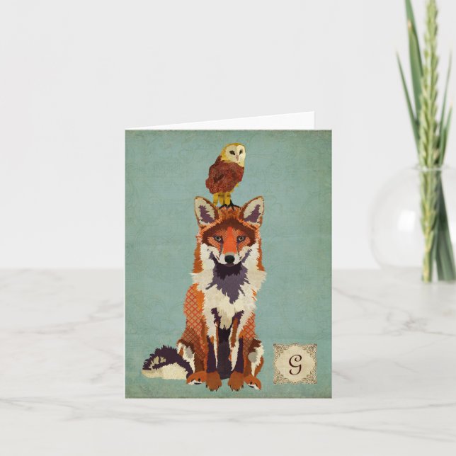 Carte pour notes Monogramme Retro Fox & Owl (Devant)