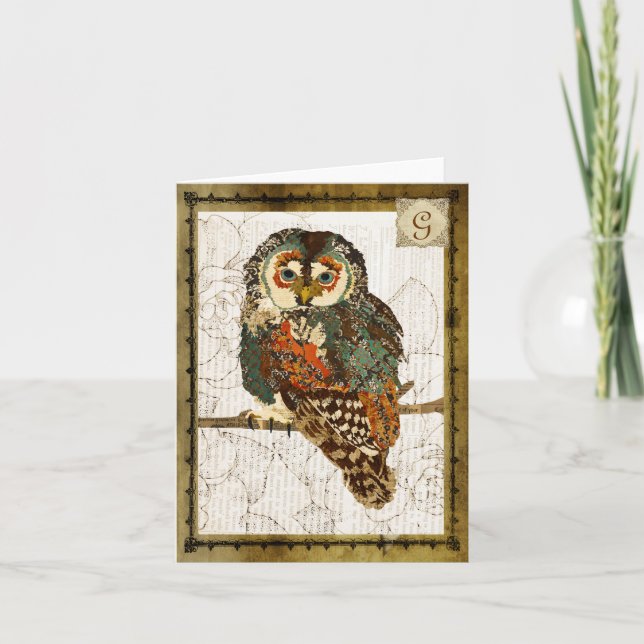 Carte pour notes vintage de monogramme de hibou (Devant)