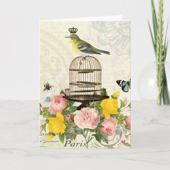 carte pour notes vintage français d'oiseaux et de  (Devant)