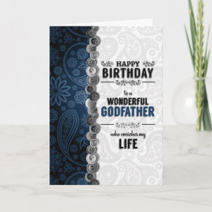 Carte pour Parrain Anniversaire Bleu Paisley avec bouton