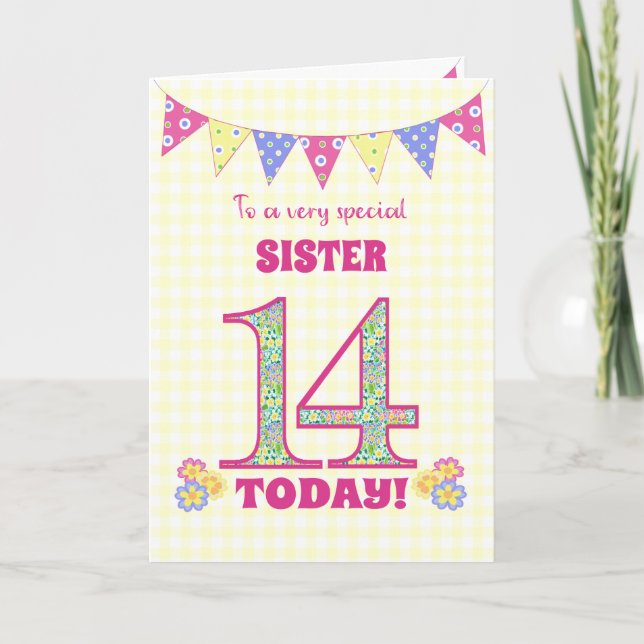 Carte Pour Soeur 14e Anniversaire Primroses Bunting Card (Devant)