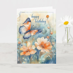 Carte pour son anniversaire Papillon et fleurs pêche ble