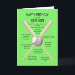 Carte Pour step son fils, anniversaire baseball blagues<br><div class="desc">Pour un beau-fils,  carte d'anniversaire. Une carte amusante montrant un baseball et des chauves-souris avec beaucoup de blagues de baseball vraiment mauvais. Une carte pour le sportif avec un sens de l'humour. Voyez toute la gamme d'âges et de relations dans mon magasin.</div>