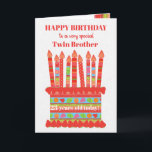 Carte Pour Twin Brother Custom Age Birday Cake Card<br><div class="desc">Vous pouvez ajouter l'âge à cette carte d'anniversaire aux couleurs vives pour votre frère jumeau, avec un gâteau d'anniversaire aux fraises. Le gâteau a beaucoup de bougies avec différents motifs et il y a une bande à motifs autour du gâteau avec des fruits d'été colorés - fraises, framboises, citron vert...</div>