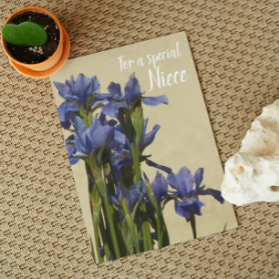 Carte Pour une nièce Fleurs d'Iris bleues Fête d'anniver