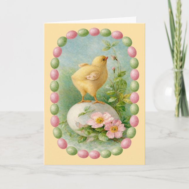 Carte Poussin printanier avec bordure d'œufs pastel (Devant)