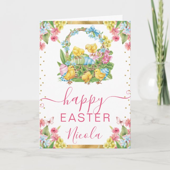 Carte Poussins et oeufs à l'aquarelle Printemps Joyeuses (Devant)