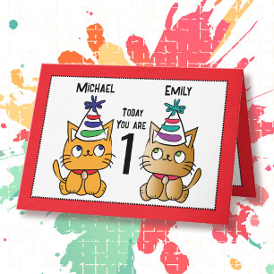 Carte Premier Anniversaire Cute Cat Cartoon Twin Personn