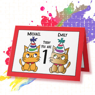 Carte Premier Anniversaire Cute Cat Cartoon Twin Personn