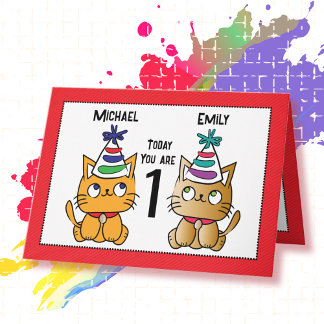 Carte Premier Anniversaire Cute Cat Cartoon Twin Personn