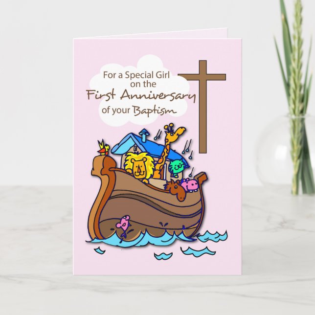 Carte Premier anniversaire de baptême fille Arche de Noé (Devant)