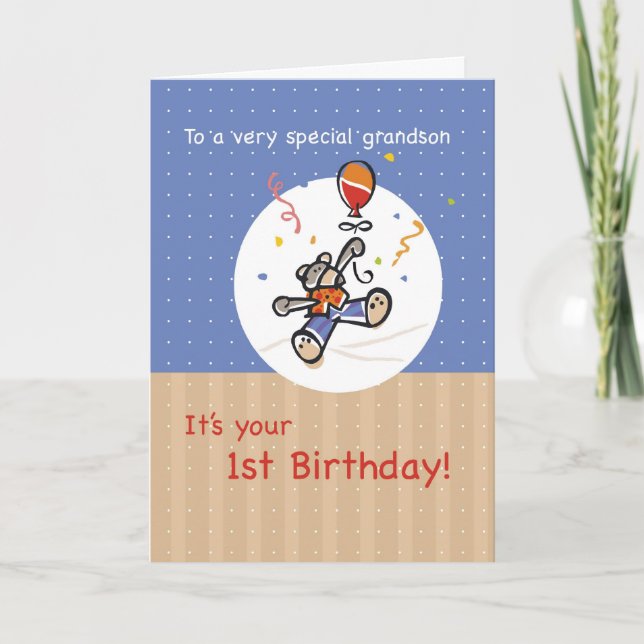 Carte Premier anniversaire de grand-fils avec ours et ba (Devant)