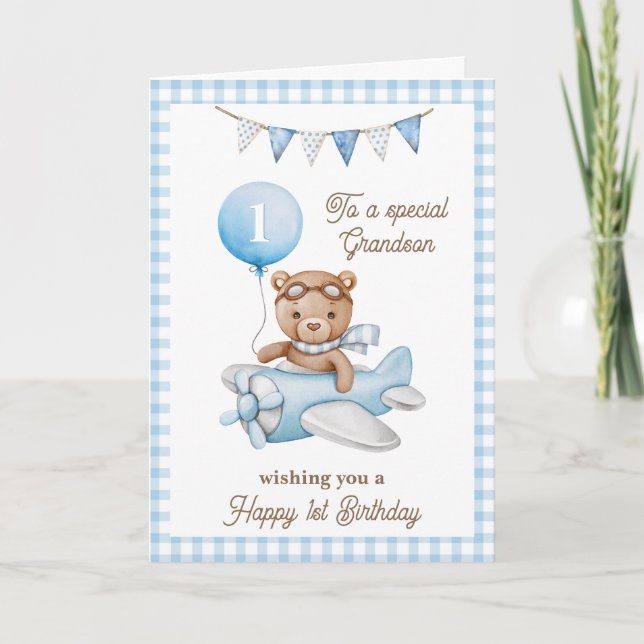 Carte Premier anniversaire de Grand-fils Teddy Bear Salu (Devant)