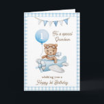 Carte Premier anniversaire de Grand-fils Teddy Bear Salu<br><div class="desc">Carte de voeux pour le premier anniversaire de l'ours en peluche de Grand-fils. Célébrez le premier anniversaire de votre grand-fils avec cette adorable aquarelle Teddy Bear. Customisez-le pour votre petit-fils ou ajoutez leur nom pour une touche personnalisée. Parfait pour les enfants, cette carte fantaisiste apporte des voeux joyeux et un...</div>